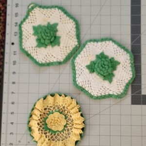 Vintage Handcrafted Crochet Coasters - Green and Yellow